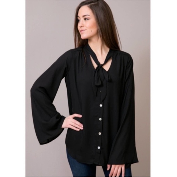Show Me Your Mumu Black Long Sleeve Tie Blouse sz S - Picture 2 of 7